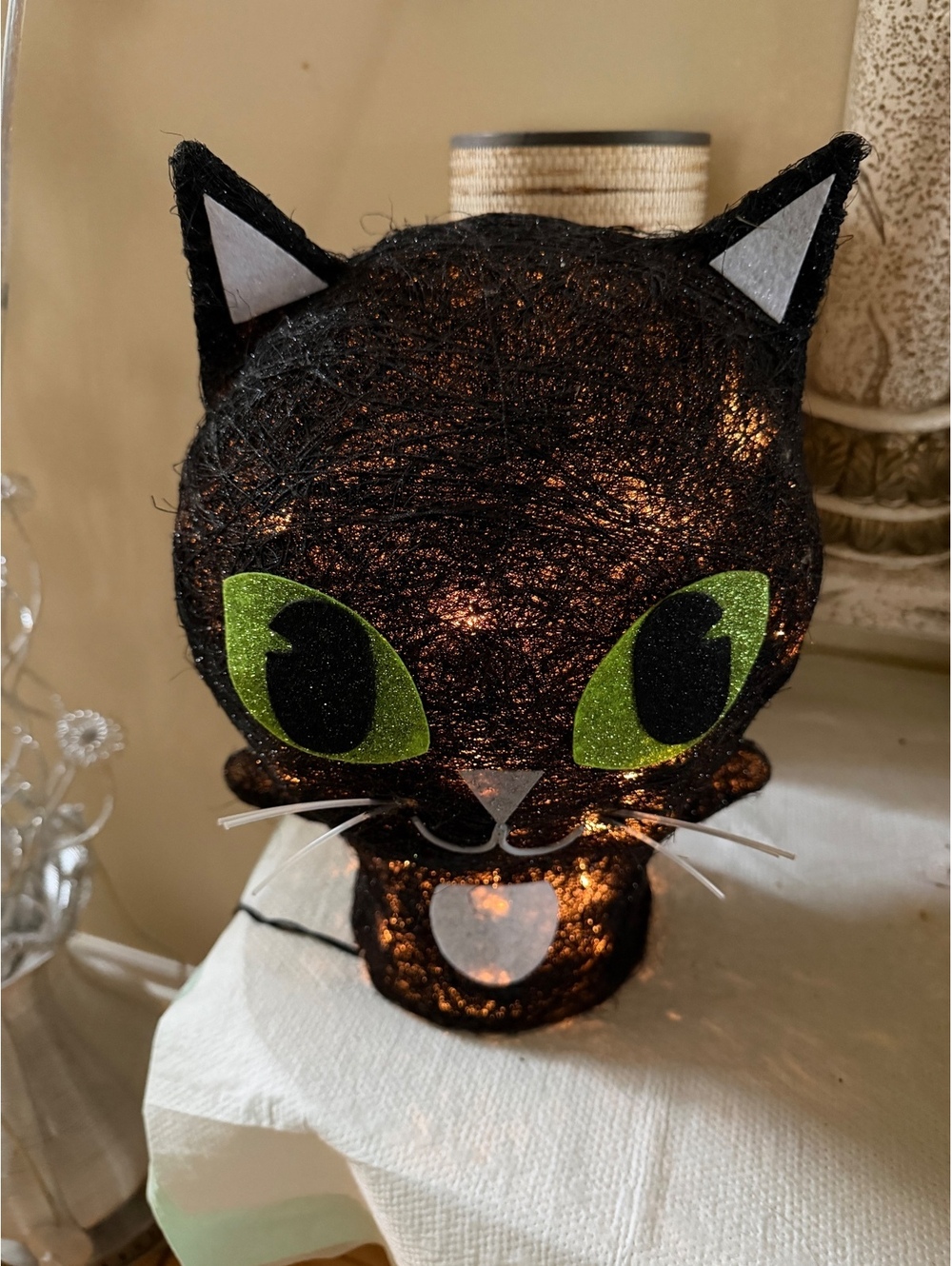 Black Cat Halloween Lighted Decoration with Green Glow Eyes